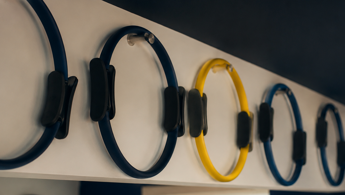 Classical Pilates magic circles lined up along a shelf at Lucie Lemon Pilates in Port St. Lucie