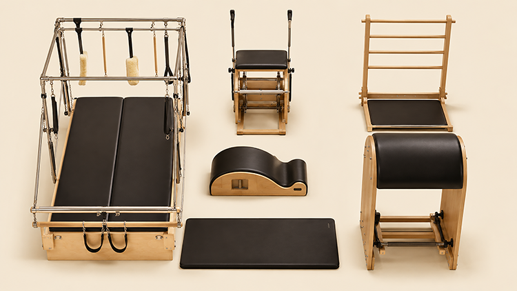 The five classical Pilates apparatus (Cadillac, Wunda Chair, Ladder Barrel, Spine Corrector, and mat) displayed together, representing the full traditional equipment suite used in classical Pilates training